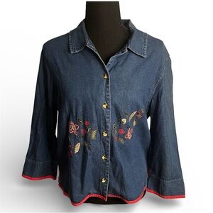 Vintage Sun River Embroidered Denim Shirt Sz PL Boho Western Y2K Red Trim Floral
